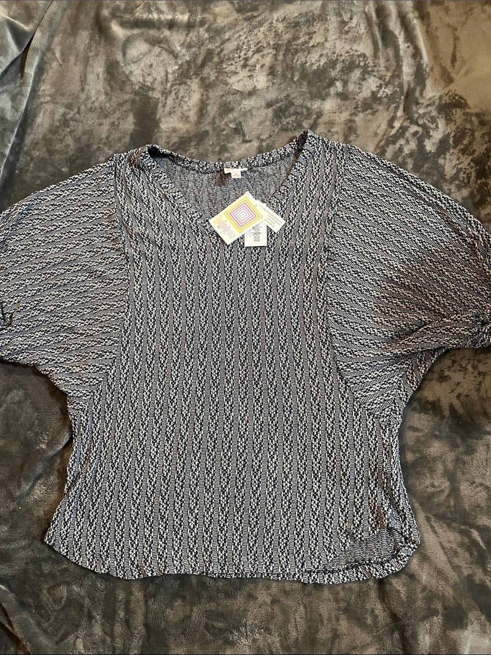 LuLaRoe Blue  and White Short-Sleeve V-Neck Top